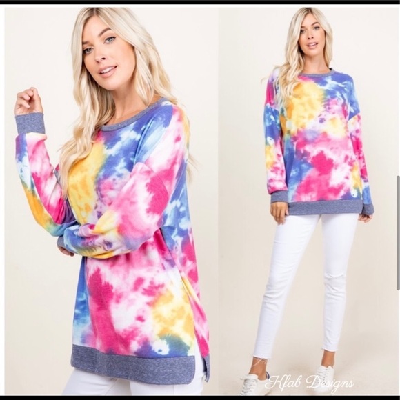 New! Tie Dye Waffle Knit Contrast Side Slit Band Relaxed Top - Picture 6 of 10